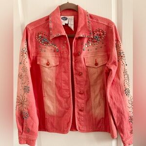 DG2 by Diane Gilman Embellished Red Stretch Denim Jacket